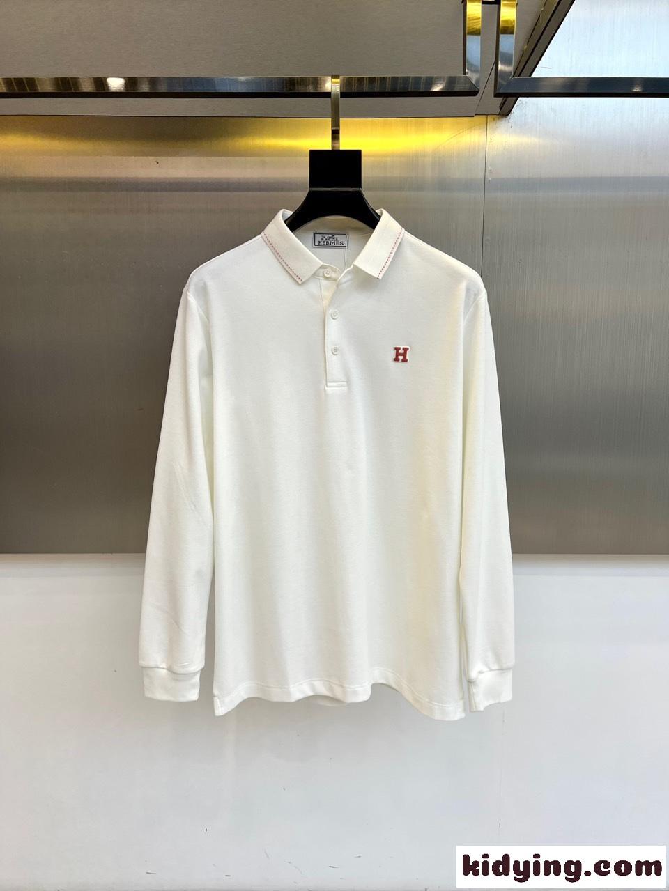 洗練された コットン 長袖 ポロシャツ エルメス Tシャツ 偽物 ホワイト-0