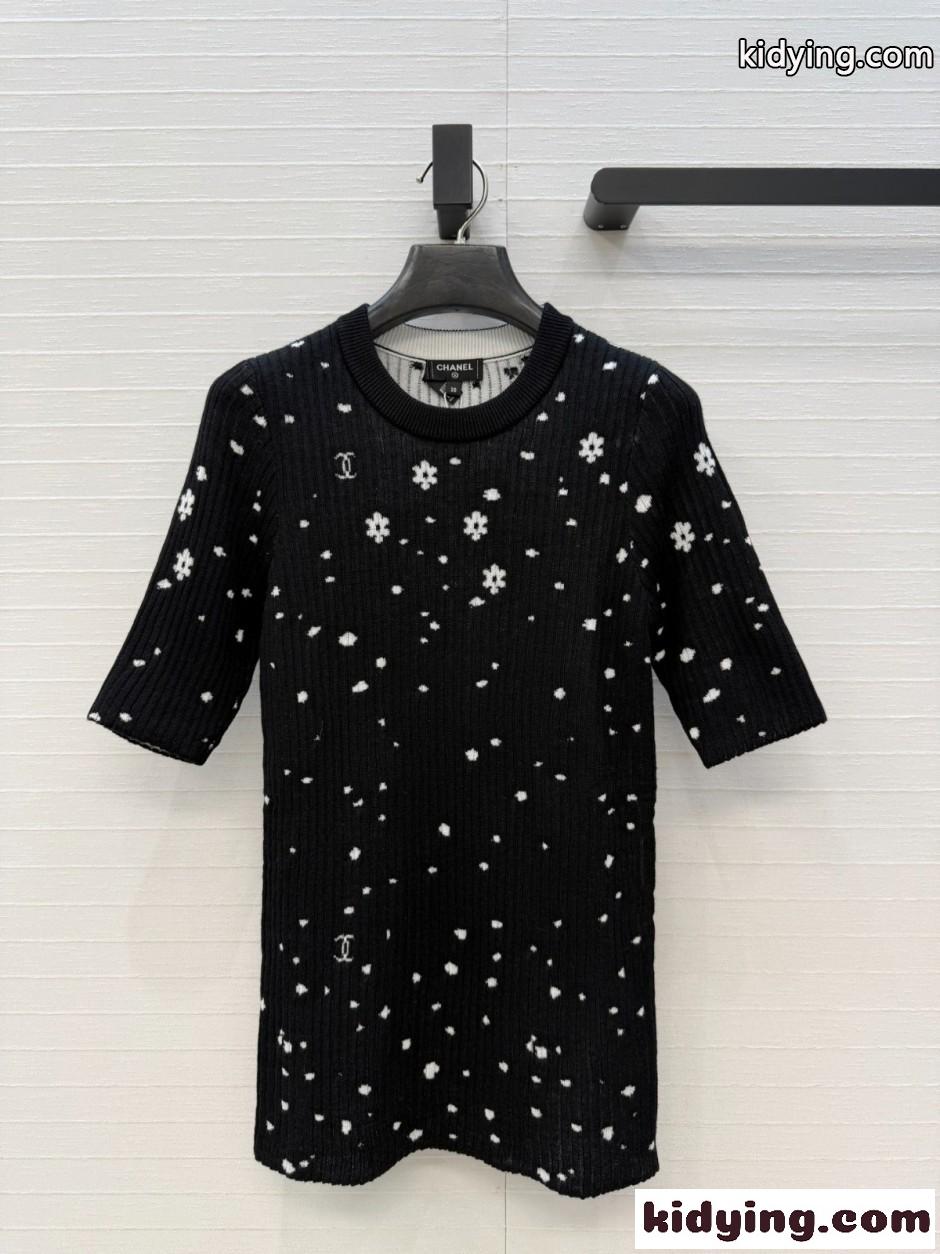 小花柄 カシミア シルク 半袖トップス シャネル ニット コピー ブラック-1