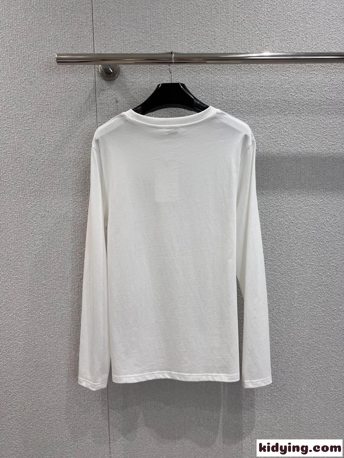 シンプル コットン 長袖Tシャツ セリーヌ Tシャツ コピー クルーネック ホワイト-1