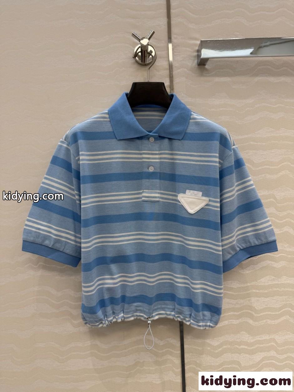マルチボーダー クロップド ポロシャツ プラダ Tシャツ 偽物 コットン-0