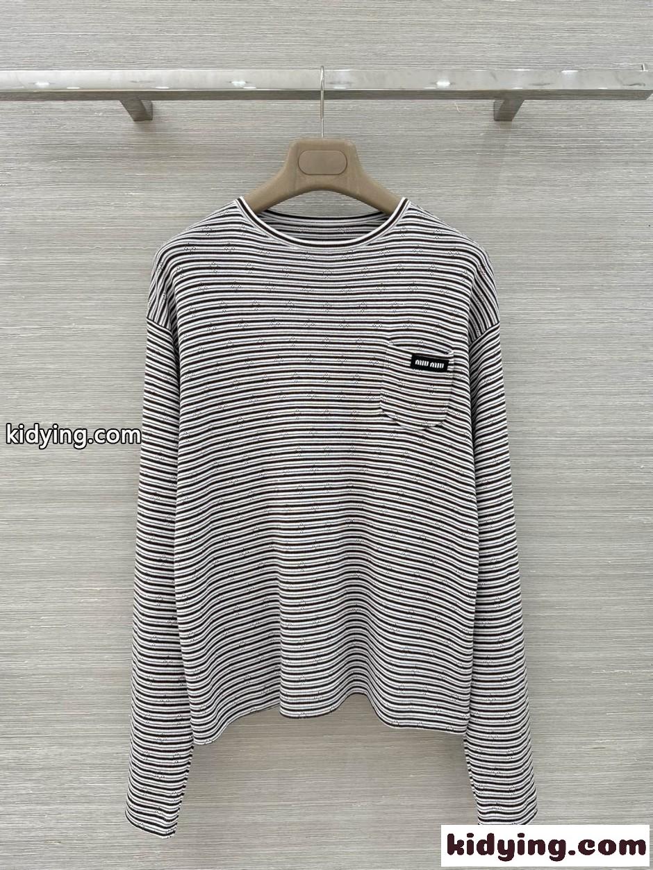 ボーダー柄 透かし編み 長袖Tシャツ ミュウミュウ Tシャツ コピー-2