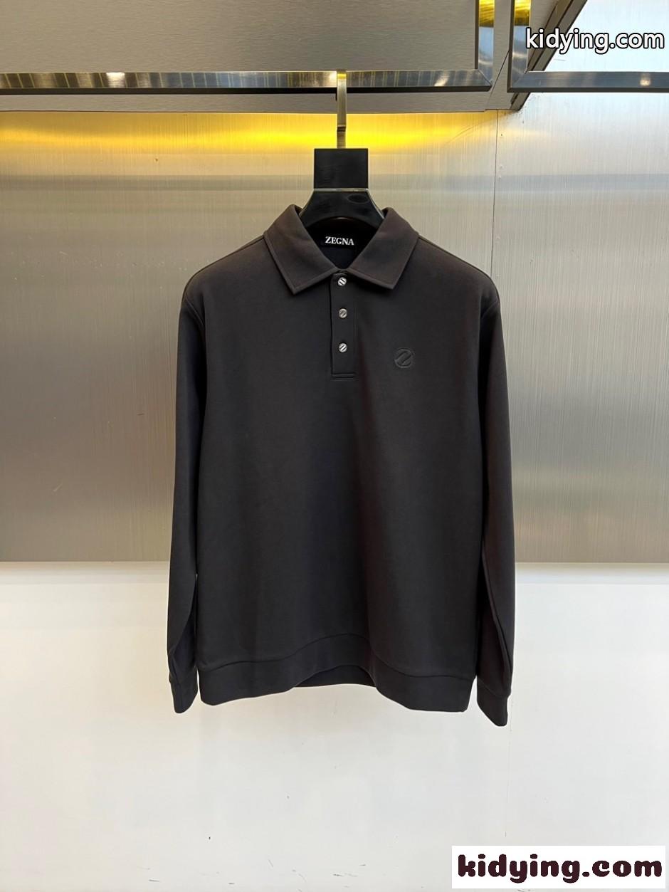 上品 シンプル 長袖 ポロシャツ エルメネジルド・ゼニア Tシャツ 偽物 ロゴ ダークグレー-1