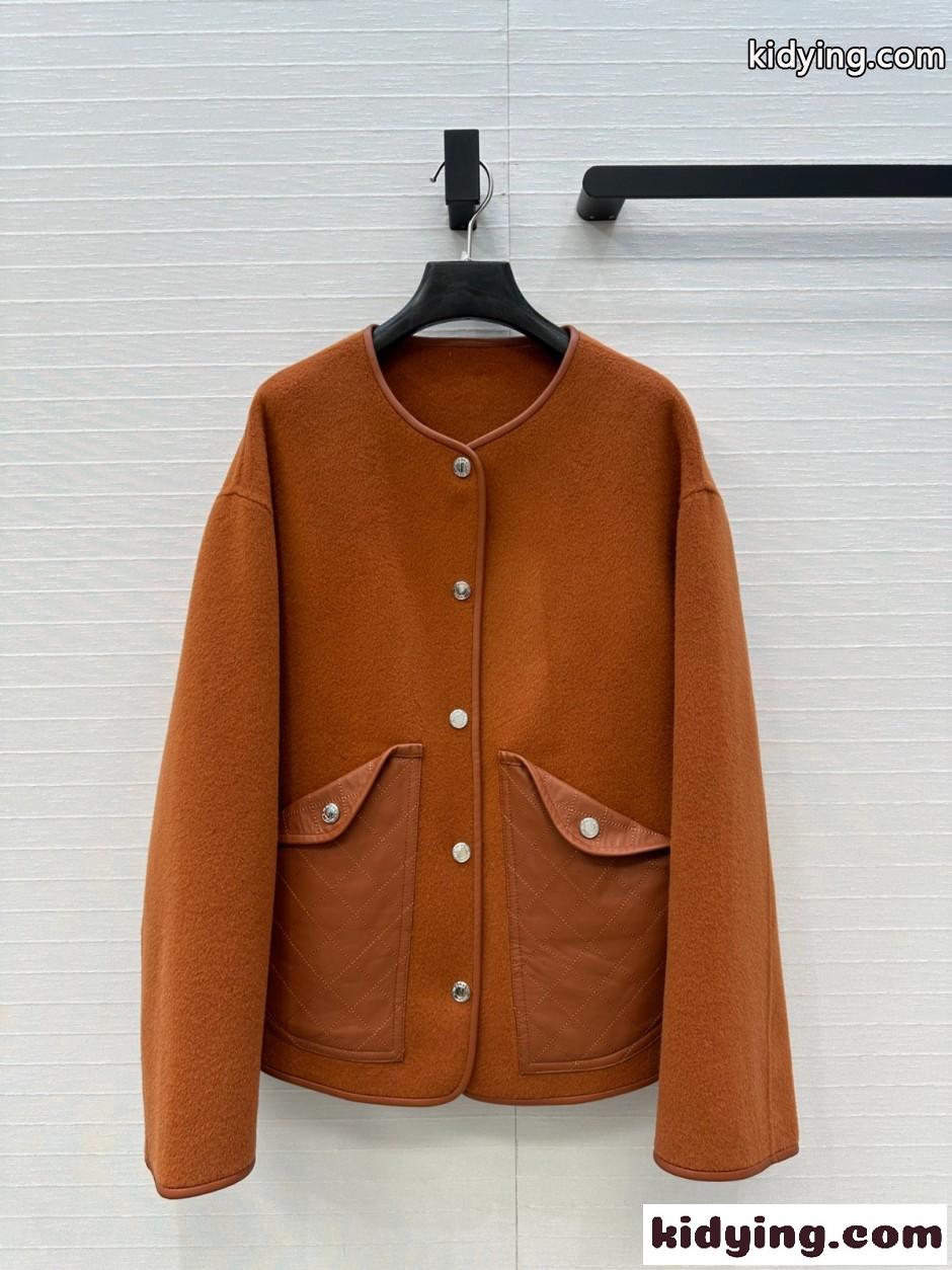 ウールブレンド ノーカラージャケット エルメス ジャケット コピー ブラウン-0