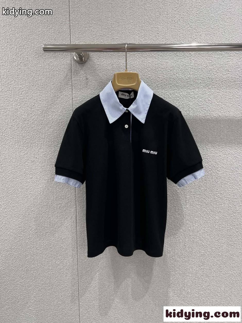 レイヤード風 半袖 ポロシャツ ミュウミュウ Tシャツ コピー コットン-0