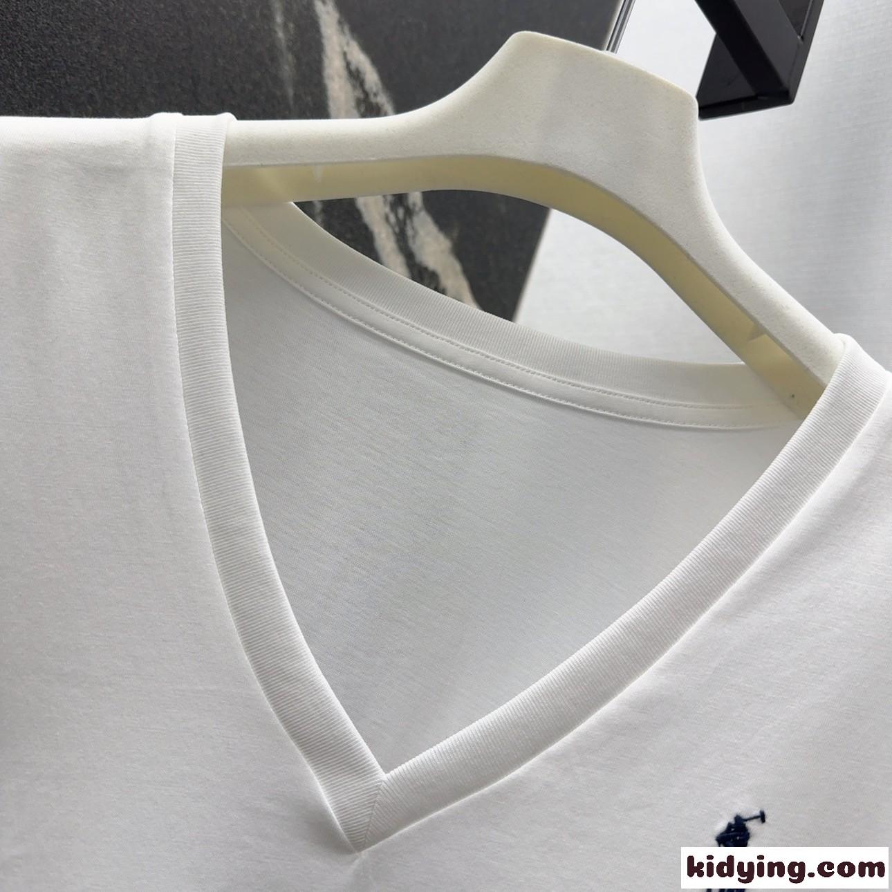 シンプル ロゴ刺繍 Vネック 半袖Tシャツ ラルフローレン Tシャツ コピー ホワイト-5