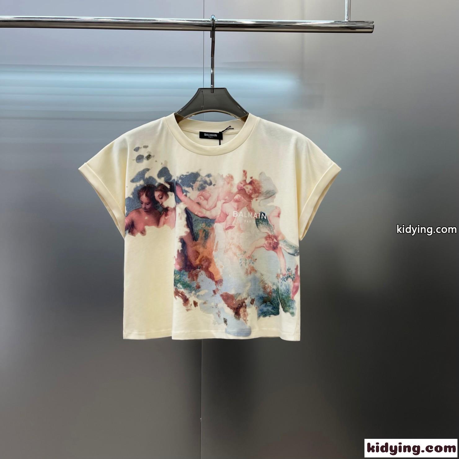 パステルプリント クロップドTシャツ バルマン Tシャツ コピー コットン 半袖 トップス-1