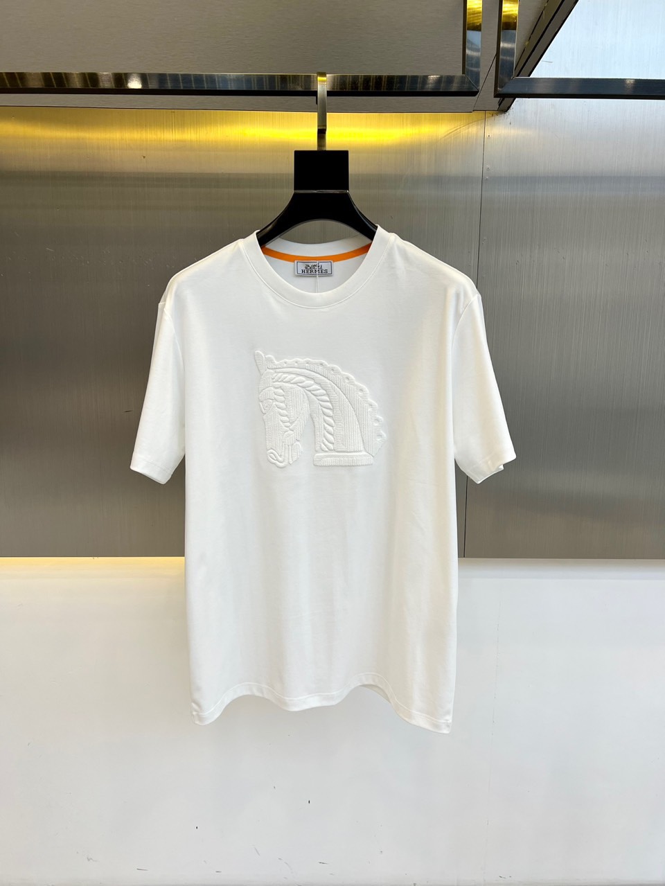 シンプル 上品 コットン クルーネック エルメス Tシャツ 偽物 半袖トップス ホワイト-0