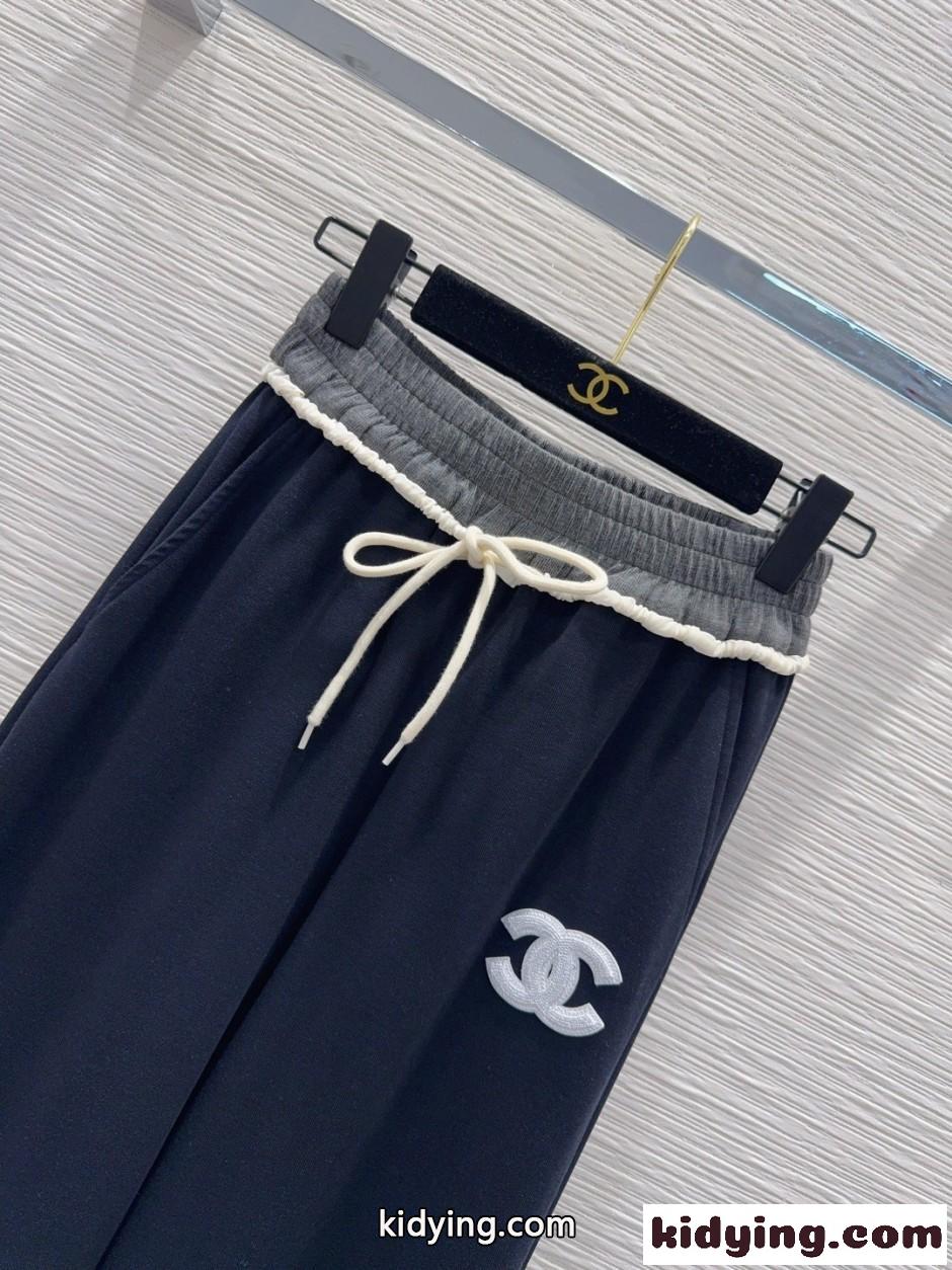 バイカラー ワイドレッグ スウェットパンツ シャネル パンツ コピー ネイビー-2