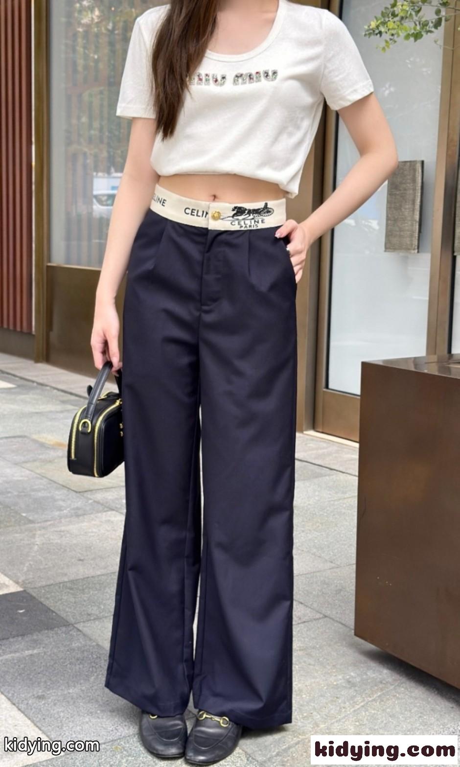 セリーヌ パンツ 偽物 おしゃれ ロゴウエスト ワイドパンツ ネイビー-3