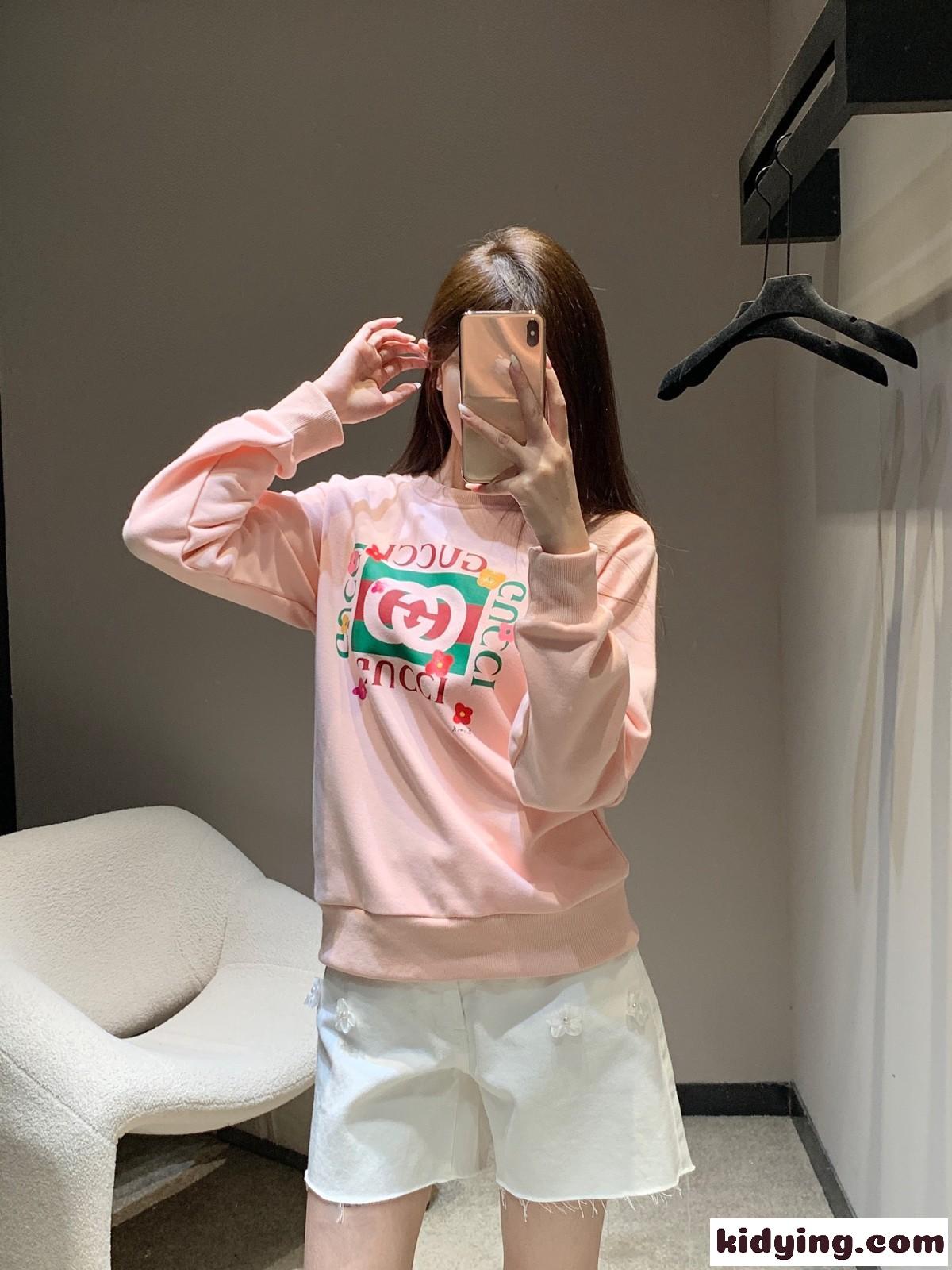 カジュアル ロゴ コットン グッチ Tシャツ 偽物 クルーネック スウェットシャツ ピンク-5