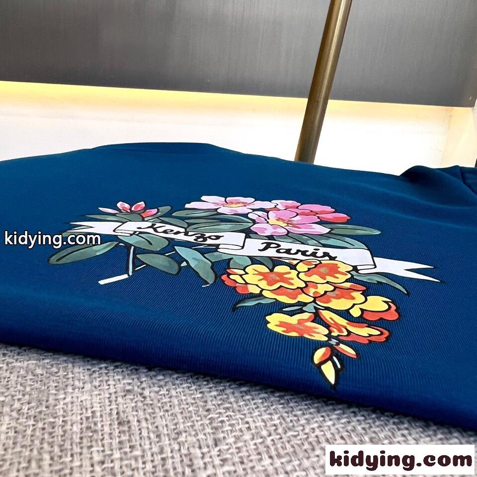 ALOHA FLOWER TATTOO プリント クルーネック ケンゾー Tシャツ コピー ブルー-3