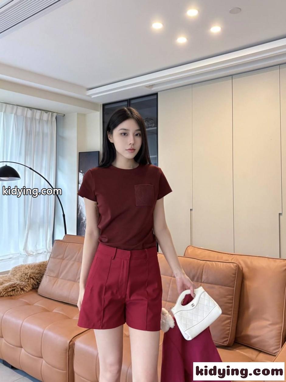 エンブローデッド ポケット 半袖Tシャツ エルメス Tシャツ コピー ボルドー-3