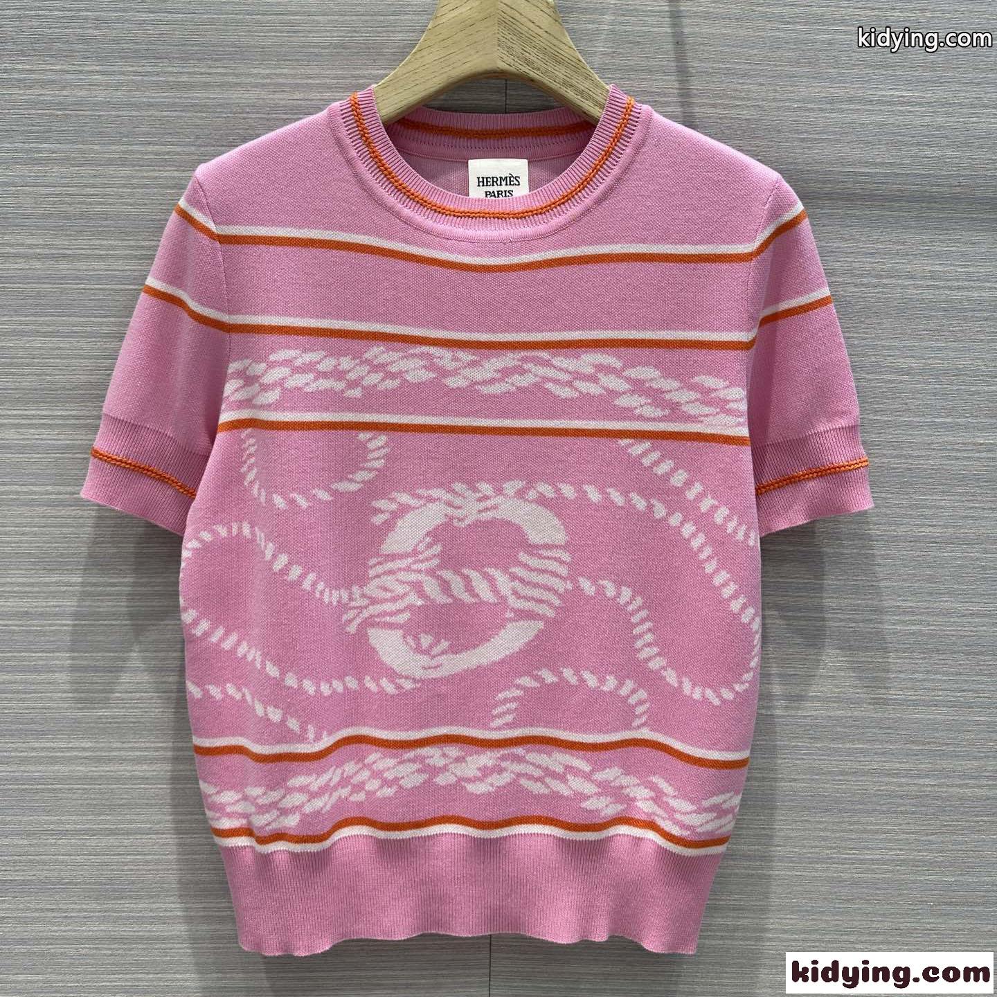 1枚でオシャレ シェーヌダンクルモチーフ 半袖ニット エルメス Tシャツ コピー エレガント ピンク-0