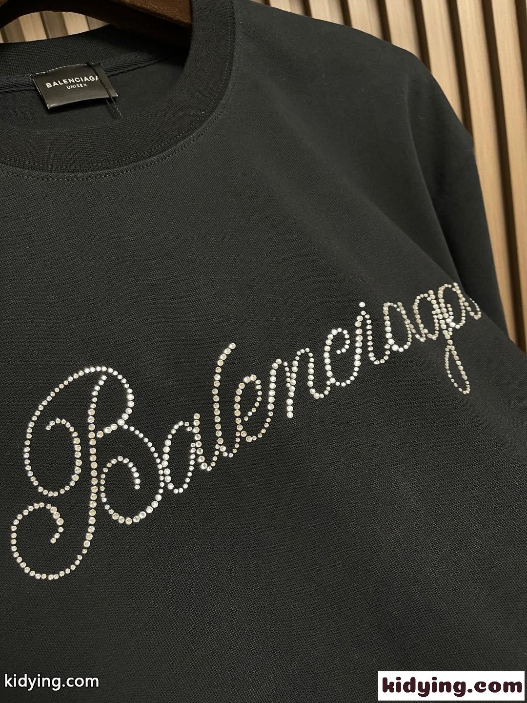 シンプル ラインストーンロゴ 長袖Tシャツ バレンシアガ Tシャツ 偽物 ブラック-2
