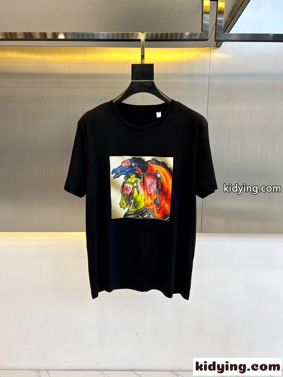 定番 快適 シルケットコットン 半袖Tシャツ エルメス Tシャツ コピー ブラック-1