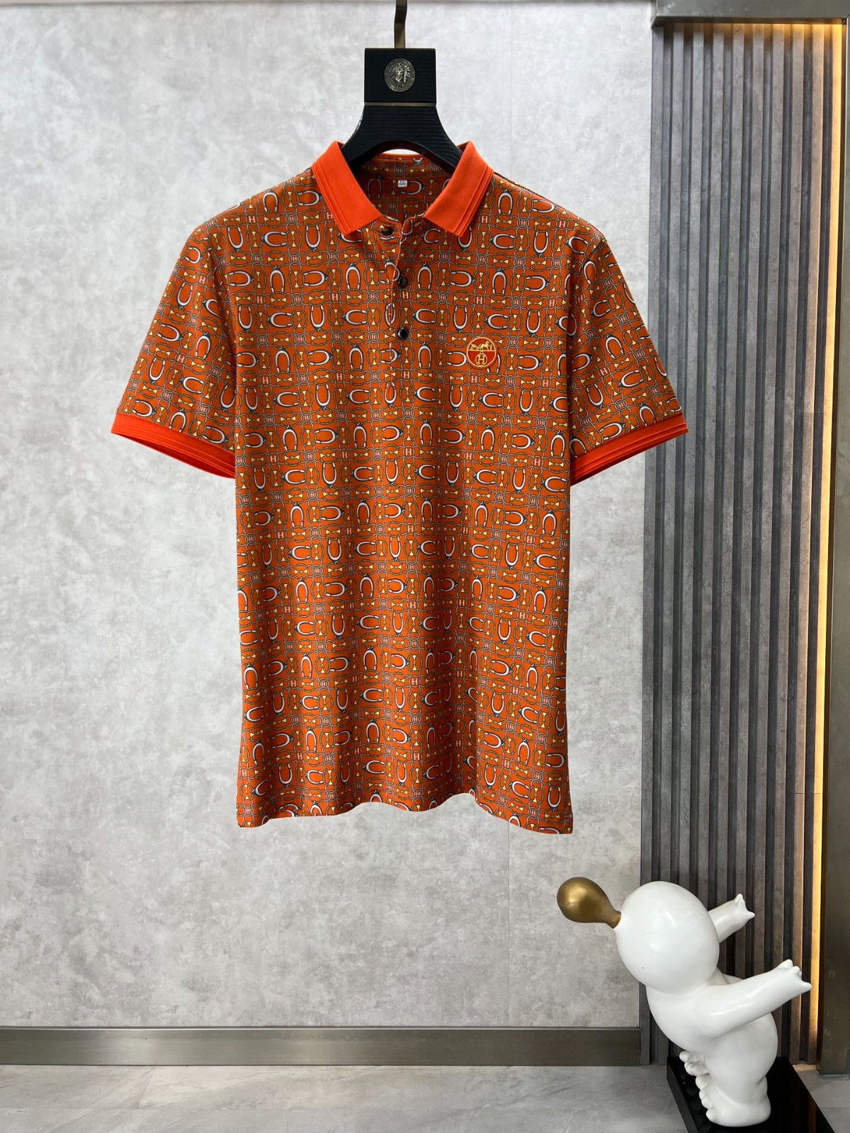 エルメス Tシャツ コピー 総柄プリント 半袖 コットンピケ ポロシャツ オレンジ-1