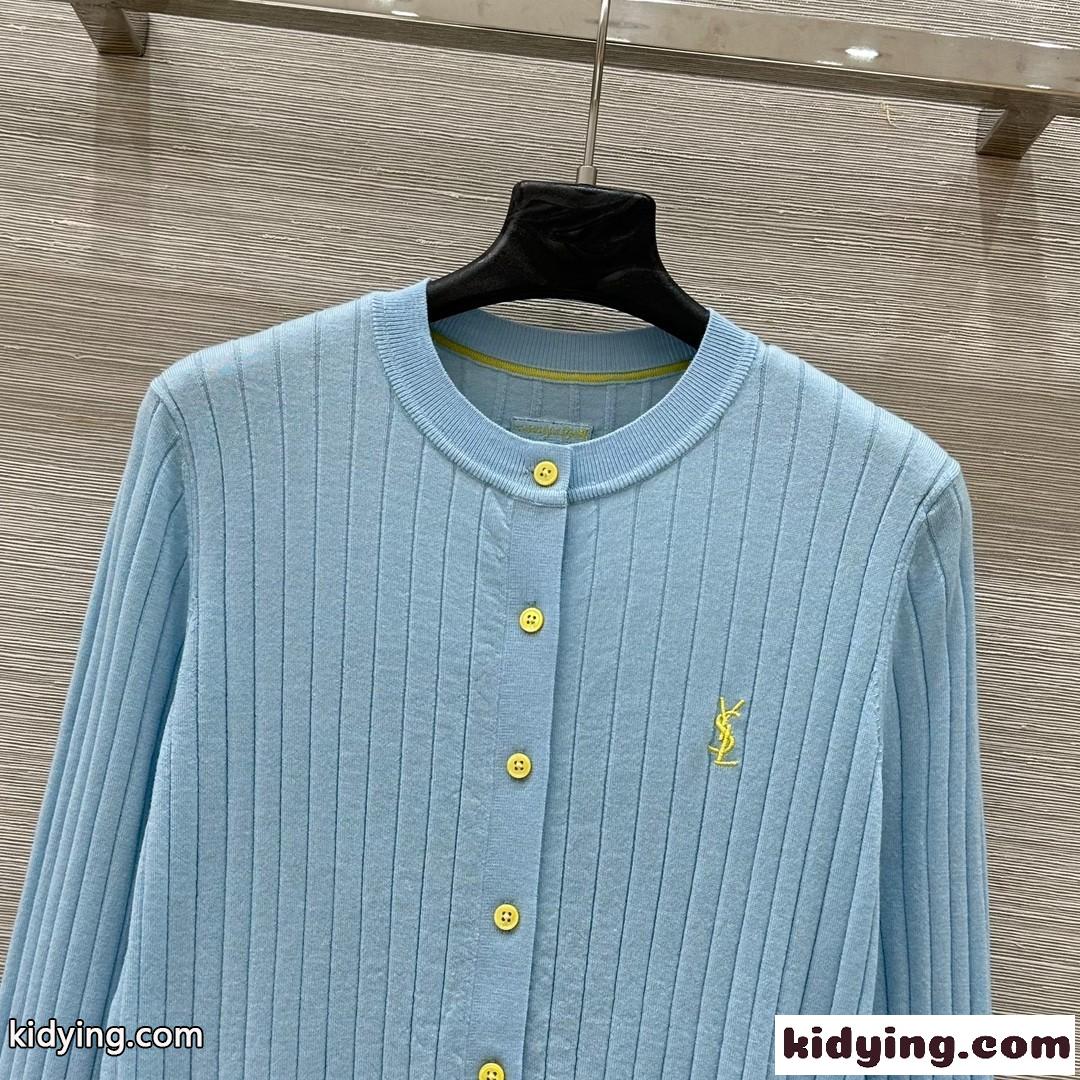 シンプル ロゴ刺繍 イヴ・サンローラン ニット コピー クルーネック カーディガン ブルー-1