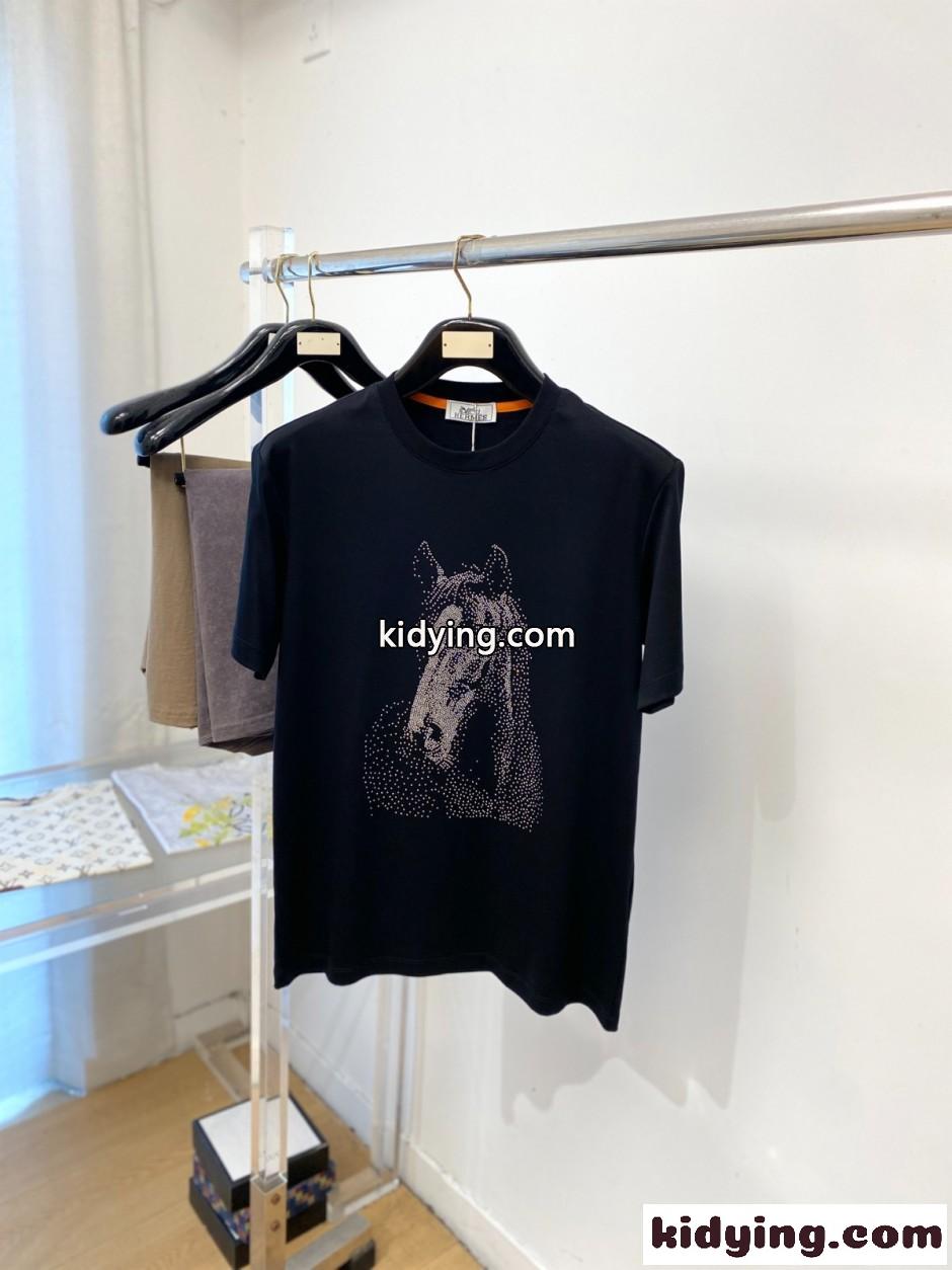 ホースモチーフ ラインストーン 半袖Tシャツ エルメス Tシャツ 偽物 ブラック-0
