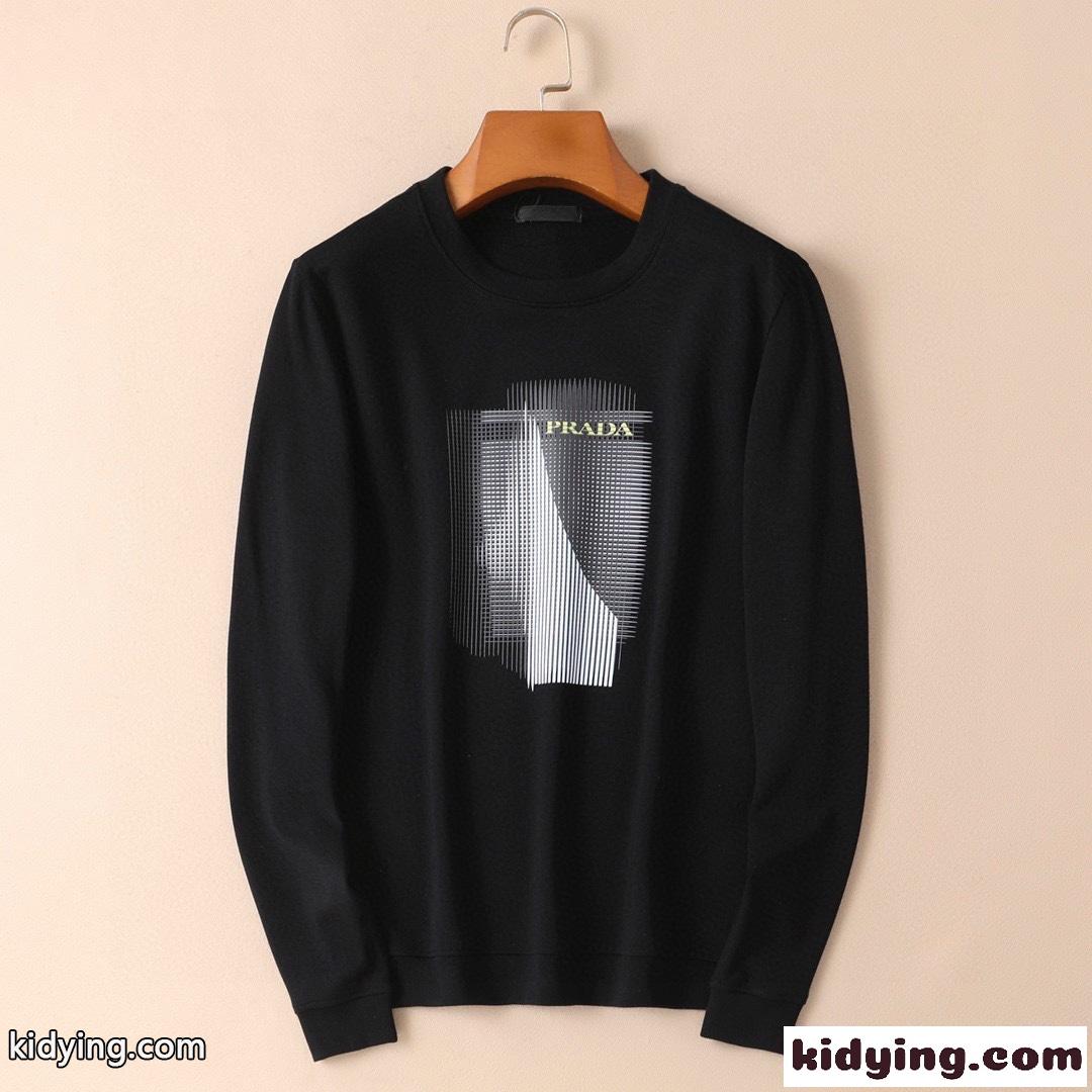 オシャレ 裏起毛 着心地いい プラダ 長袖tシャツ メンズ コピー ホワイト ブラック プリント ラウンドネック-0