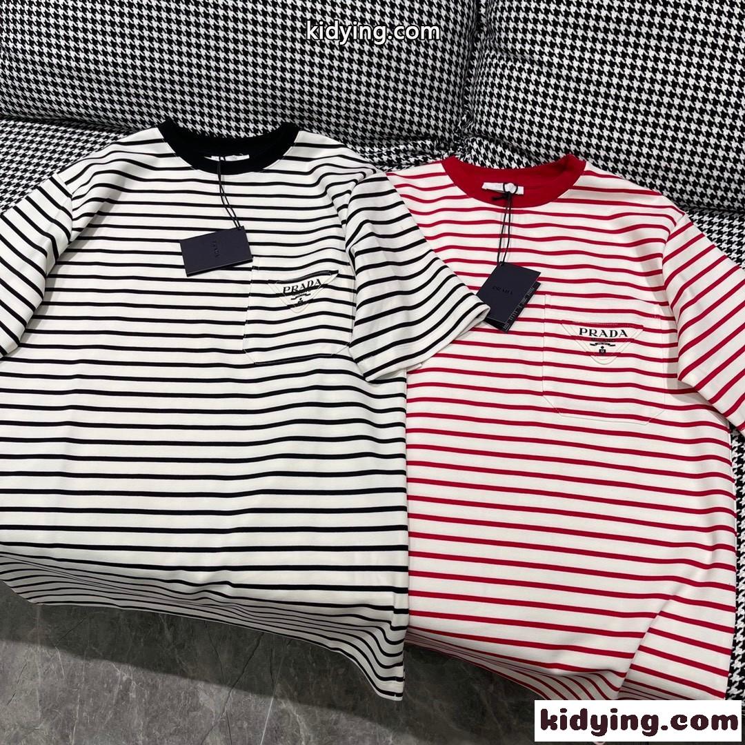 三角ロゴ ストライプ 半袖Tシャツ プラダ Tシャツ コピー クルーネック カジュアル 合わせやすい-0