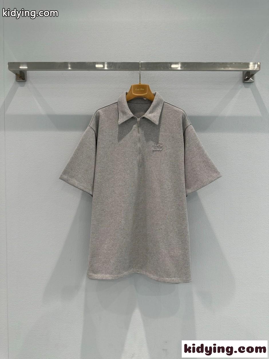 ハーフジップ コットンブレンド ポロシャツ ミュウミュウ Tシャツ コピー グレー-0
