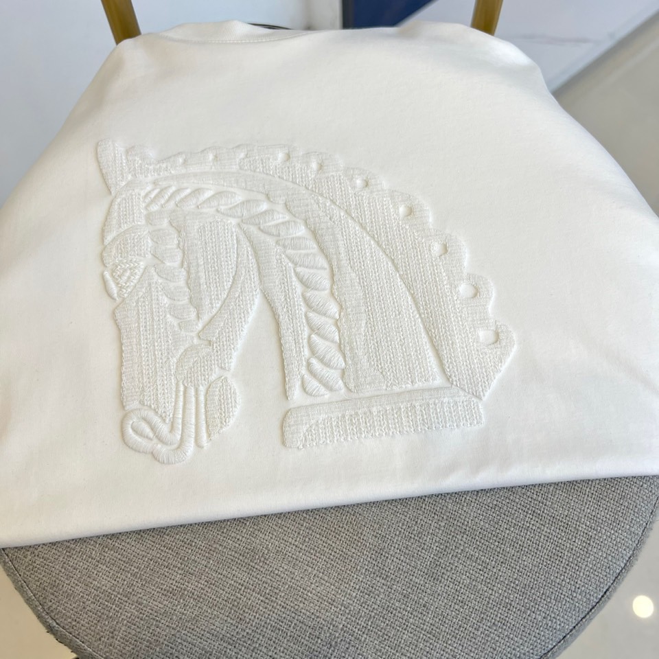 シンプル 上品 コットン クルーネック エルメス Tシャツ 偽物 半袖トップス ホワイト-1