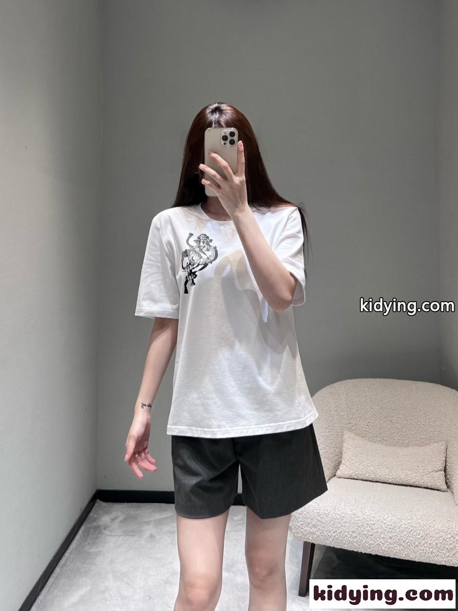コットン プリント 半袖Tシャツ エルメス Tシャツ コピー クルーネック ホワイト-3