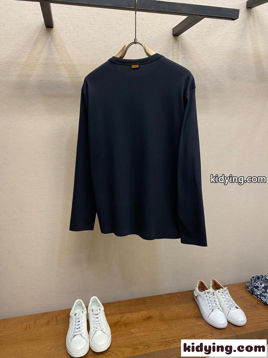 シンプル 合わせやすい コットン 長袖Tシャツ エルメネジルド・ゼニア Tシャツ 偽物 ブラック-2