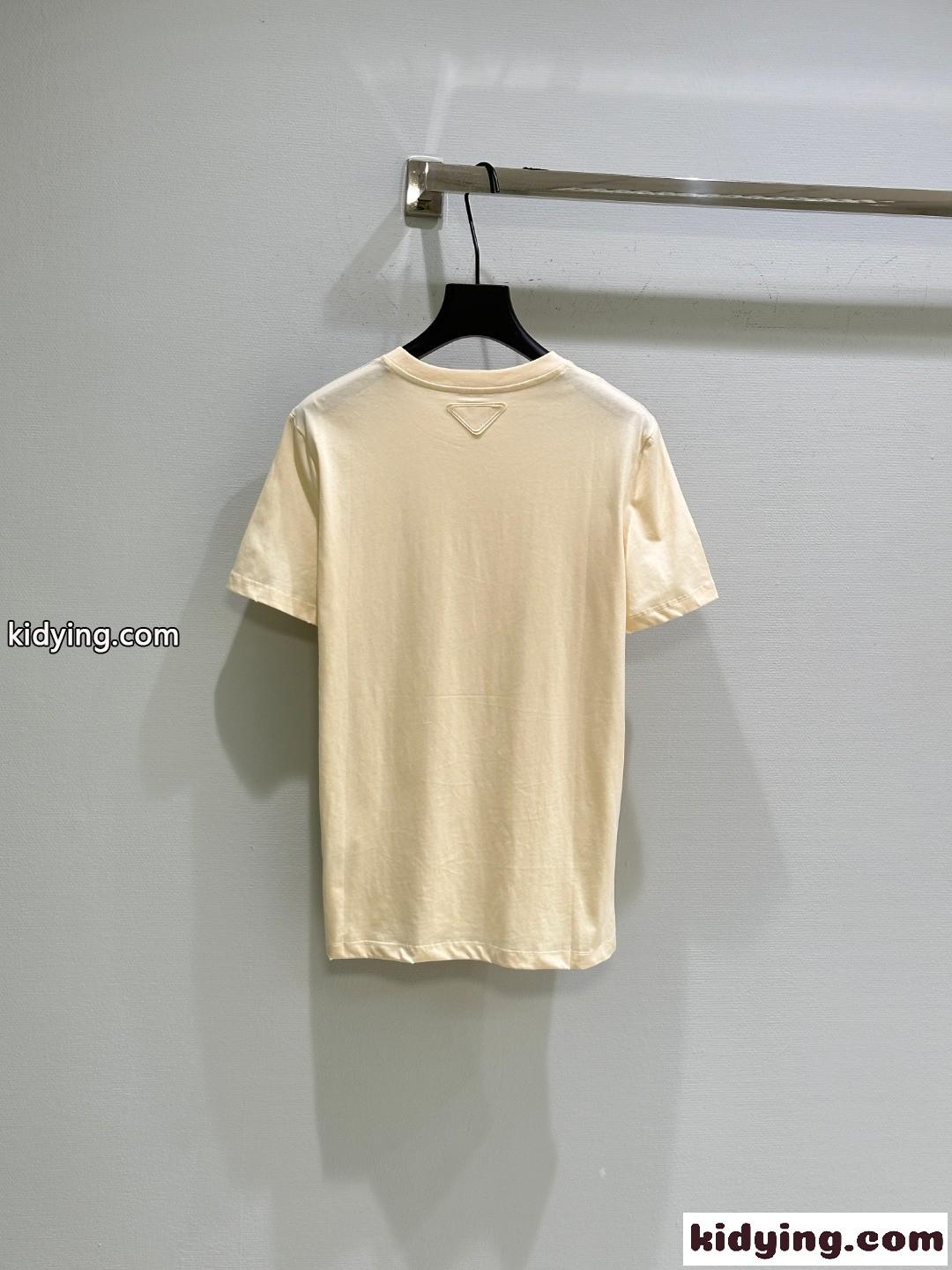 ユニセックス 人気 シンプル コットンジャージ 半袖Tシャツ プラダ Tシャツ コピー アプリコット-4
