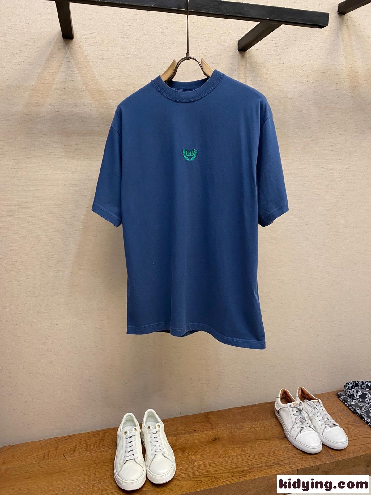 シンプル 刺繍入り クルーネック 半袖Tシャツ バレンシアガ Tシャツ コピー ブルー-0