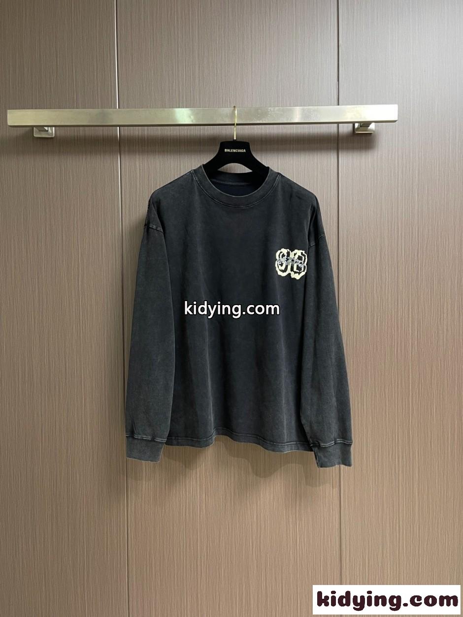 ウォッシュ加工 ロゴ ロングスリーブTシャツ バレンシアガ Tシャツ 偽物 ブラック-0