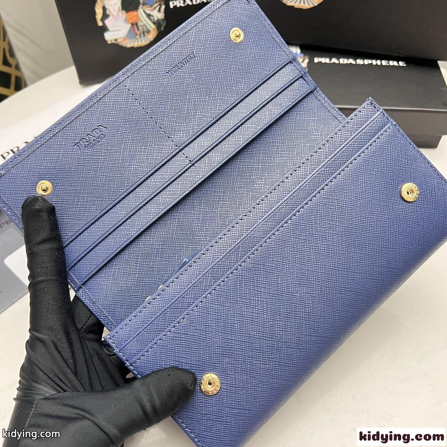 シンプル 人気 ロゴ入り 長財布 プラダ 財布 コピー ブルー-2