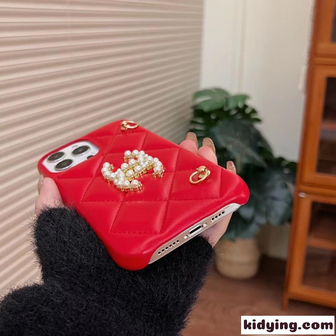 高級 赤 レッド シャネル アイフォンケース コピー 斜め掛け ストラップ チェーン スマホケース ショルダー-4