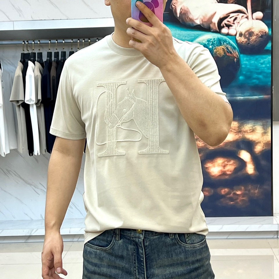 シンプル クルーネック 半袖Tシャツ エルメス Tシャツ 偽物 合わせやすい ベージュ-1