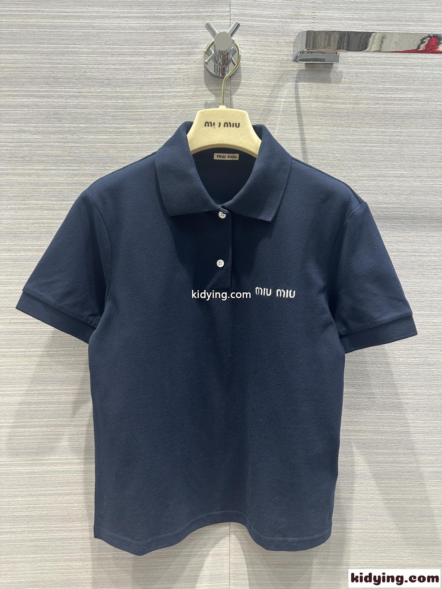 定番 カジュアル コットン 半袖 ポロシャツ ミュウミュウ Tシャツ コピー ネイビー-1