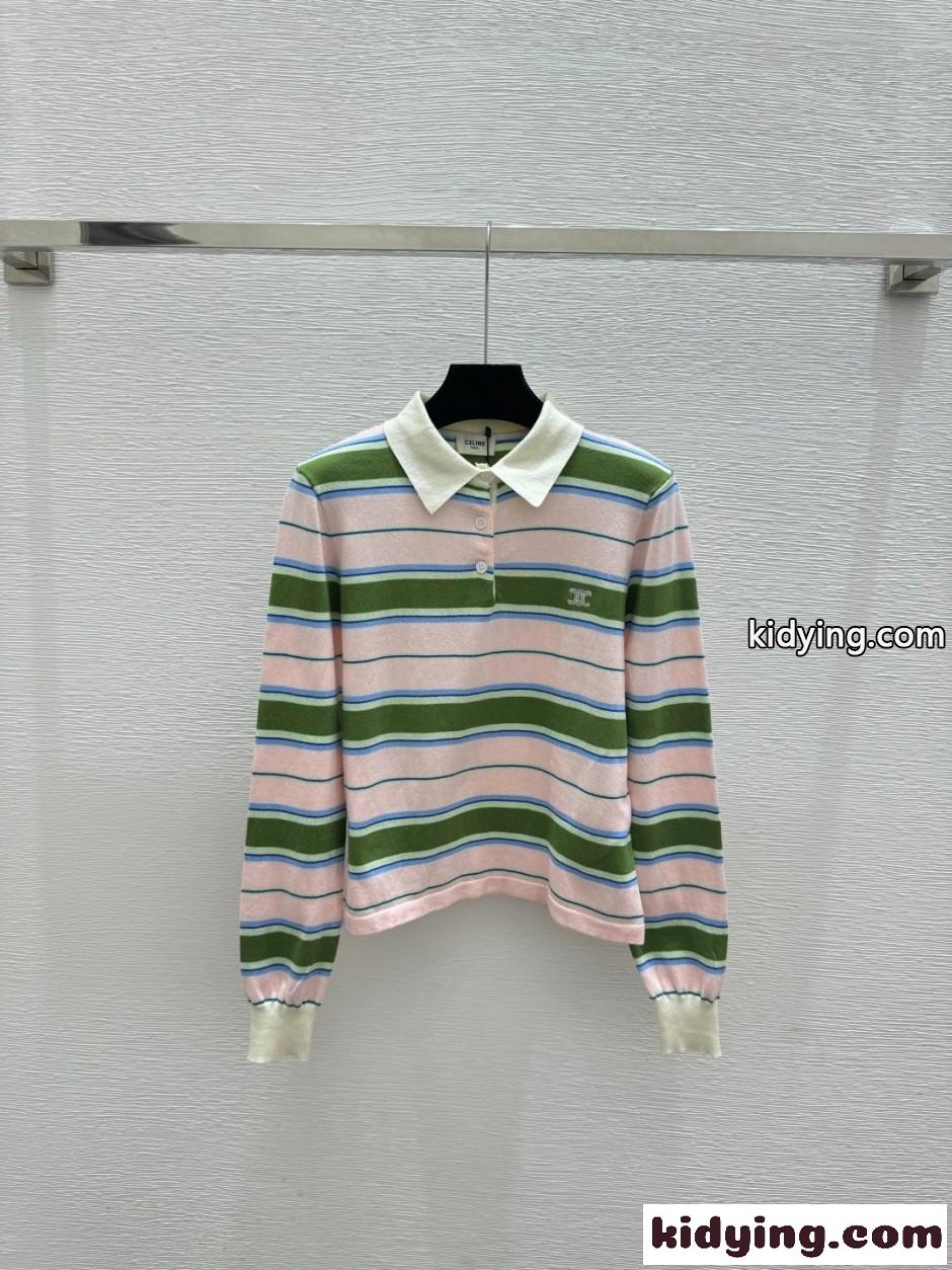 トリオンフ刺繍 マルチボーダー 長袖ポロシャツ セリーヌ Tシャツ 偽物-0