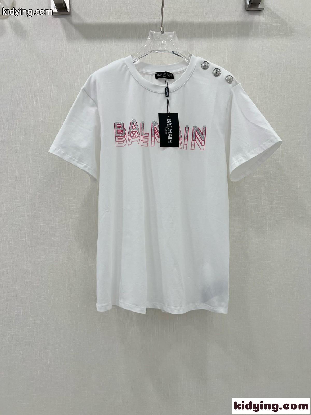 バルマン Tシャツ コピー ラインストーン ロゴ 半袖Tシャツ ホワイト-0