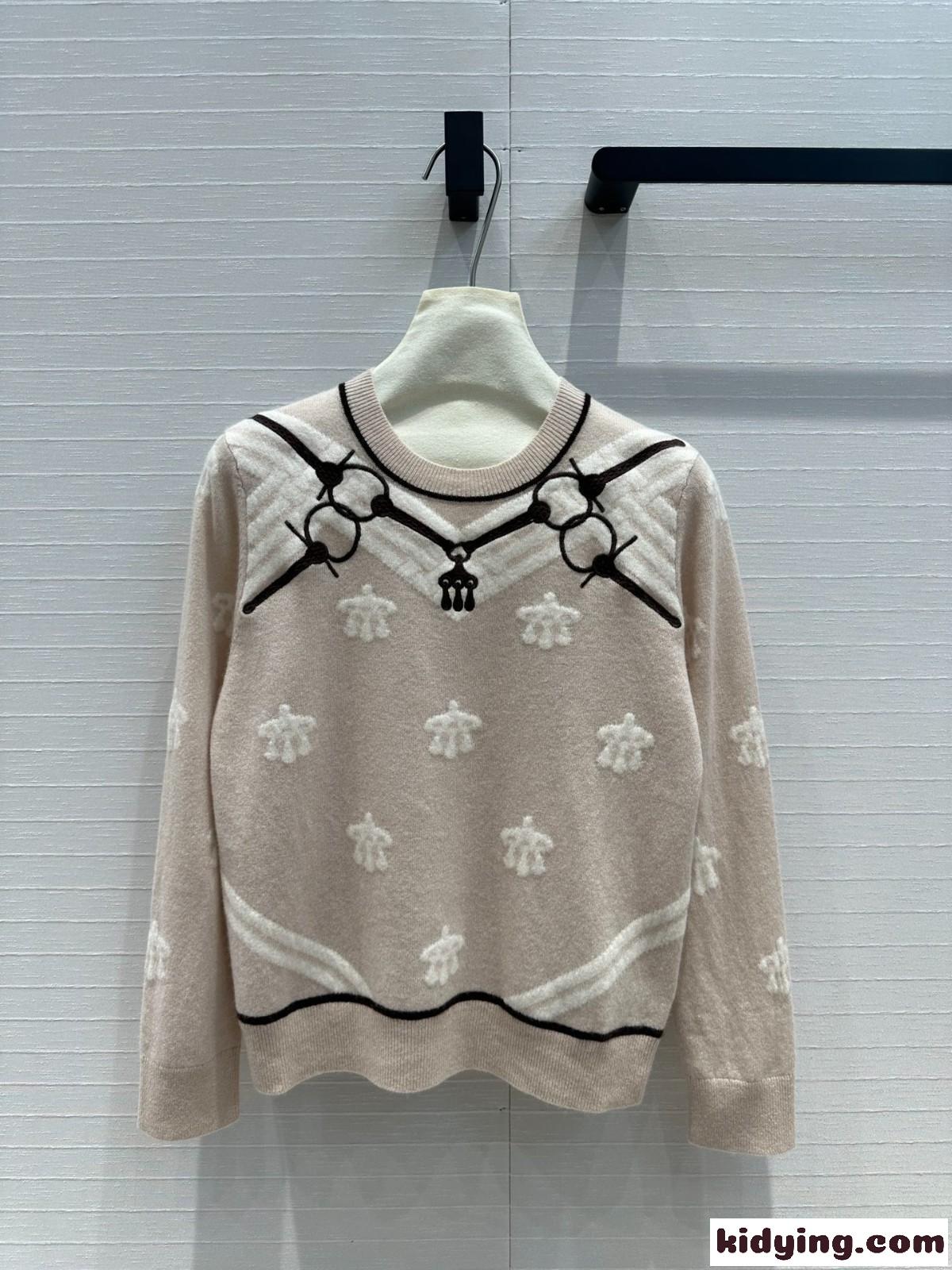 馬銜 刺繍入り ウール＆カシミヤ ニット エルメス セーター コピー ベージュ-2