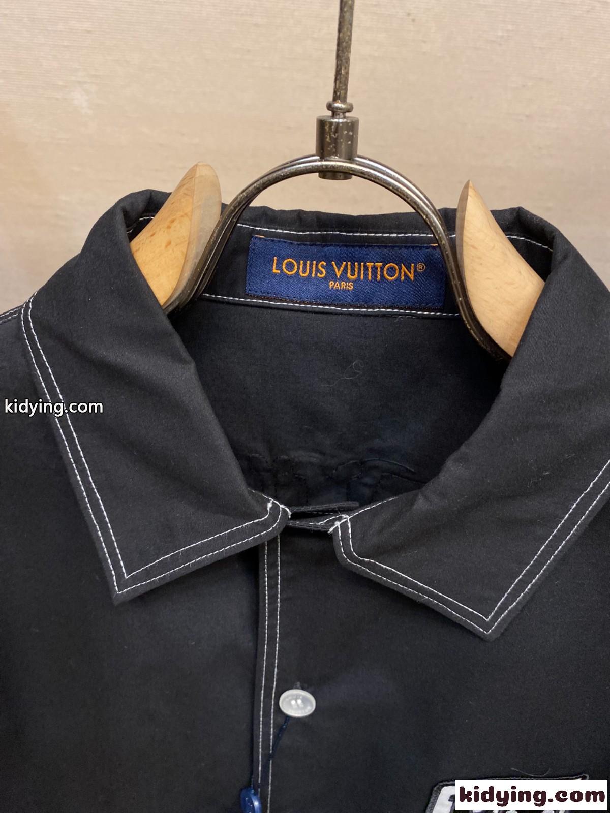 エンブロイダードショートスリーブコットンシャツ ルイヴィトン シャツ コピー ブラック-0