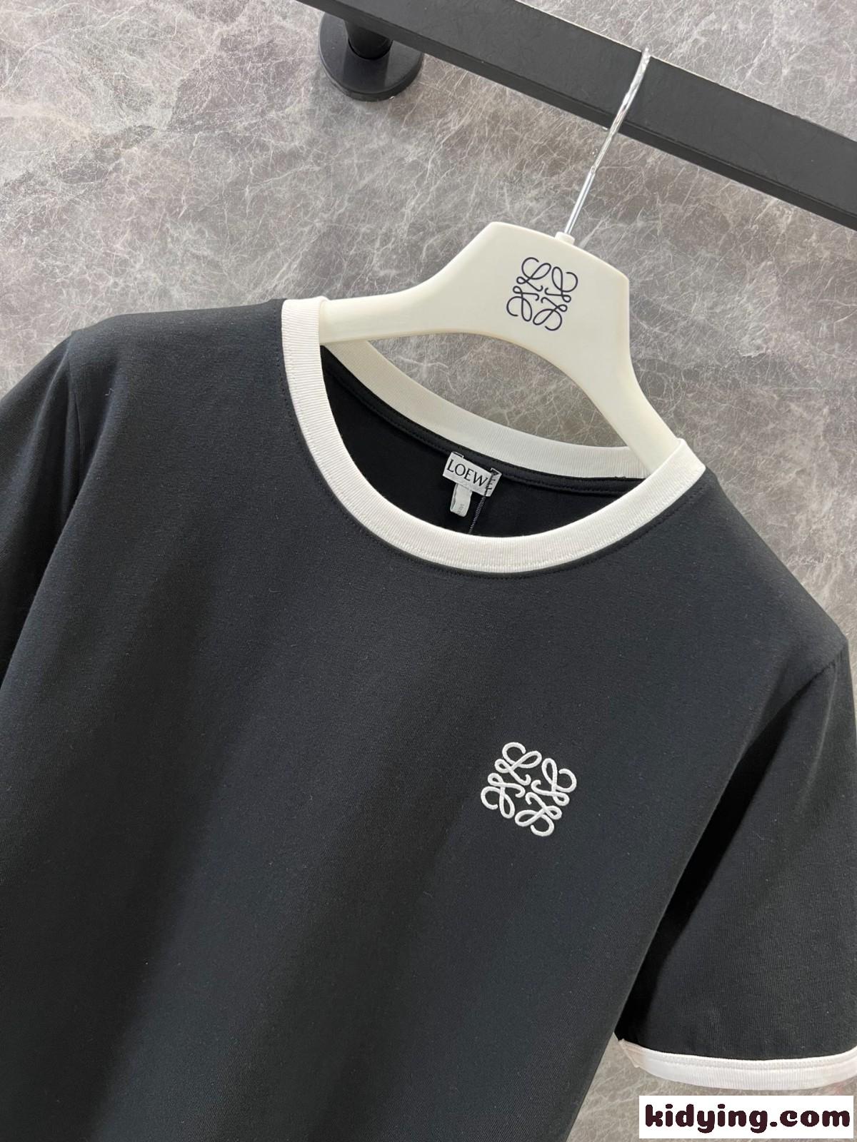 カジュアル 定番 配色 ロゴ刺繍 半袖Tシャツ ロエベ Tシャツ コピー ブラック-3