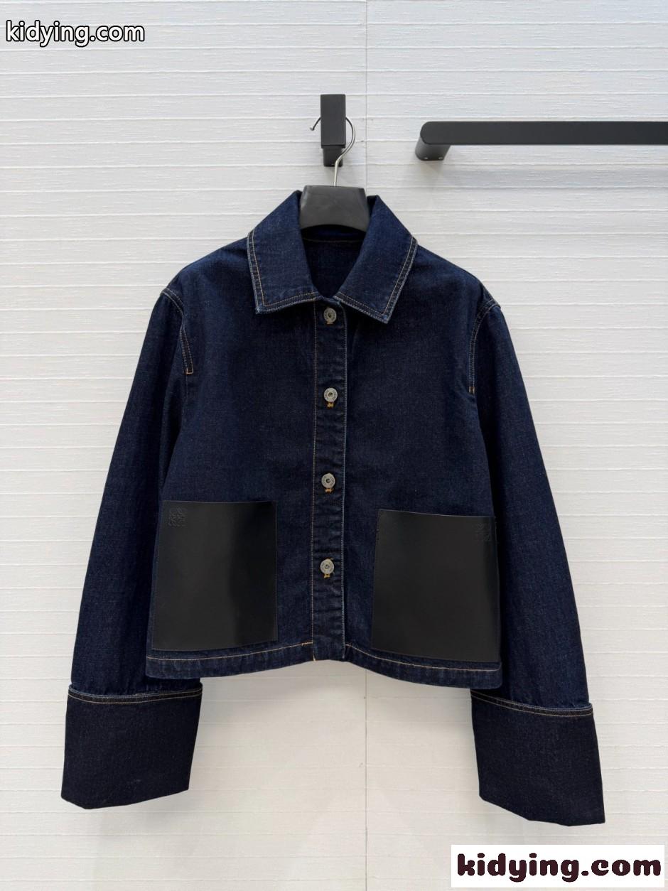 レザーポケット クロップド デニムジャケット ロエベ ジャケット コピー ブルー-0