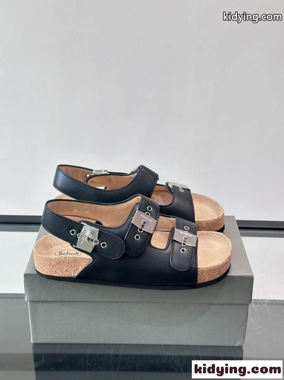 人気 バレンシアガ x Scholl レザー サンダル スーパーコピー ブラック-1