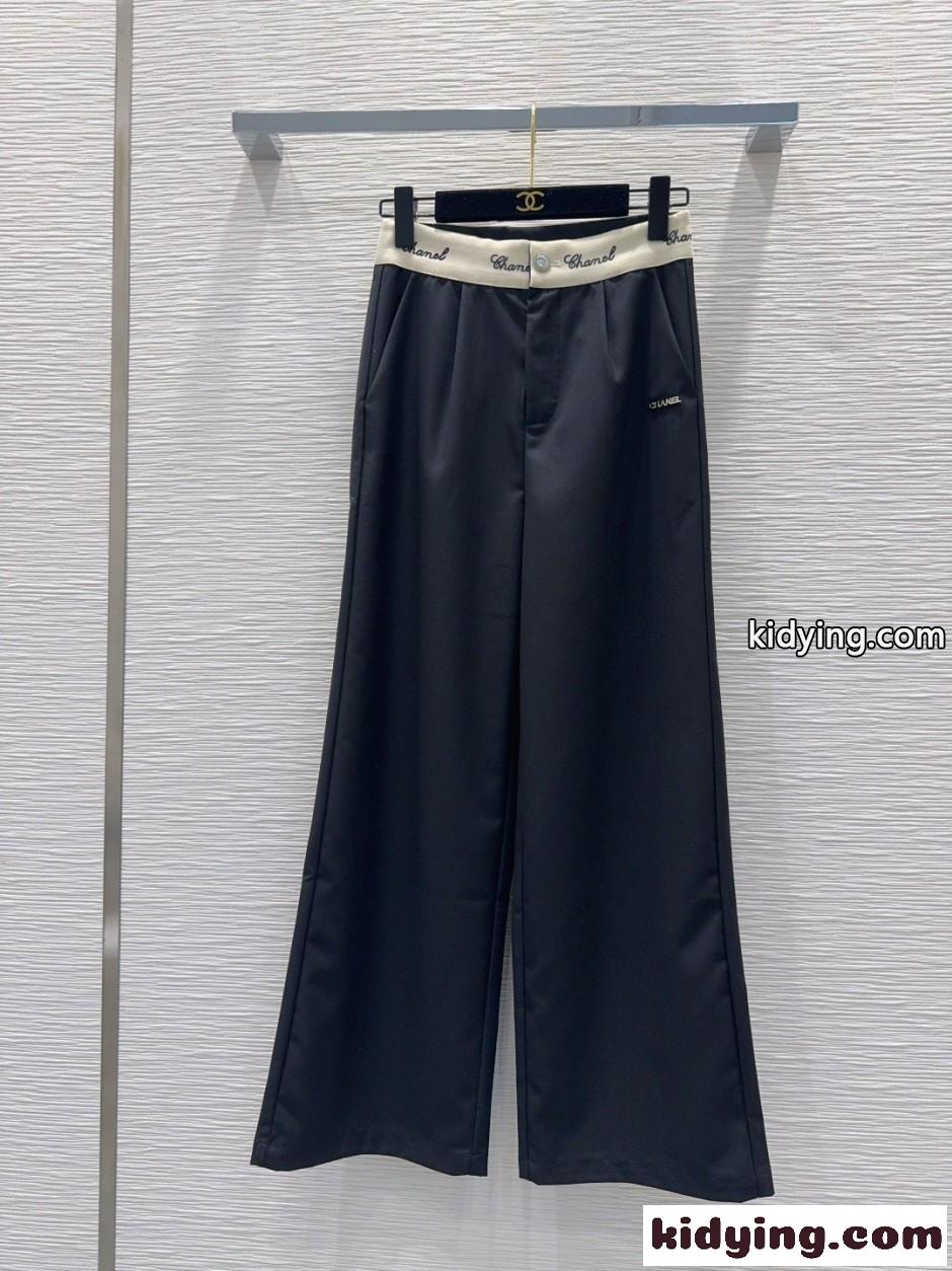 ロゴウエスト ワイドレッグパンツ シャネル スラックス コピー ブラック-1