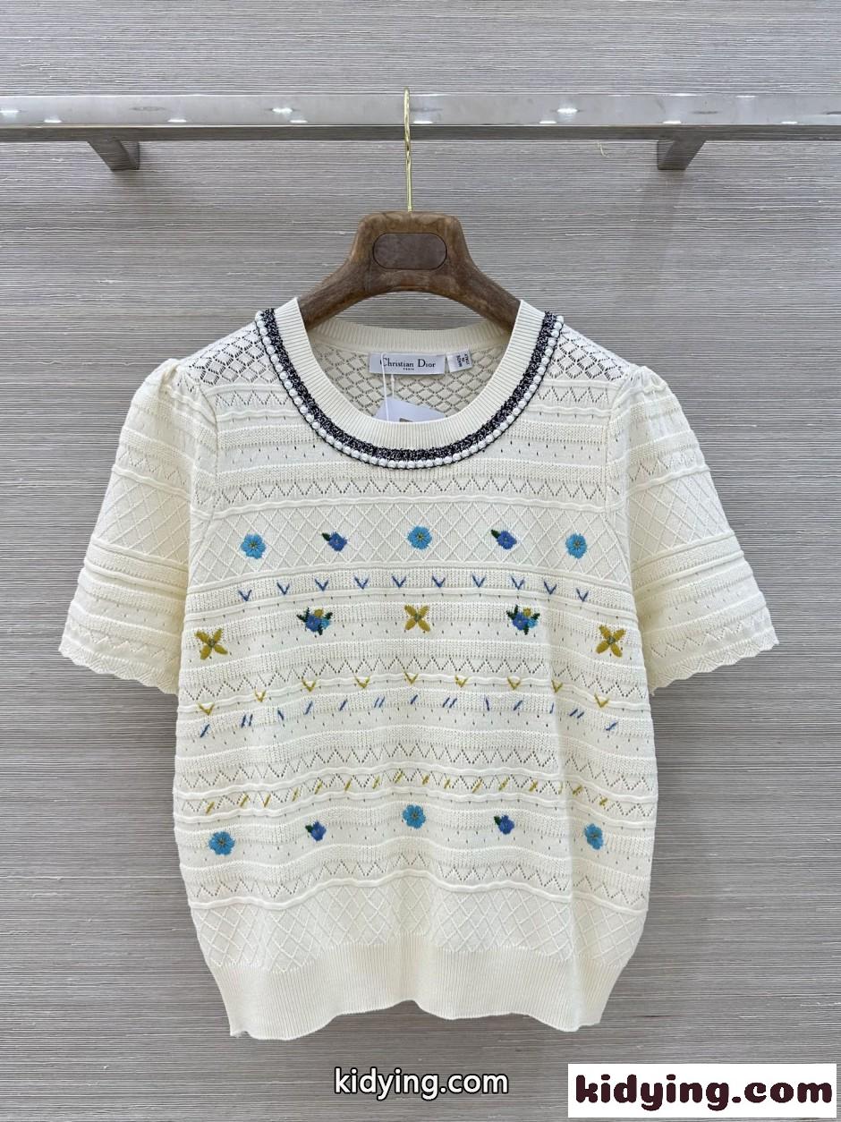 透かし編み 刺繍入り 半袖ニット クリスチャン・ディオール ニット 偽物 アイボリー-0