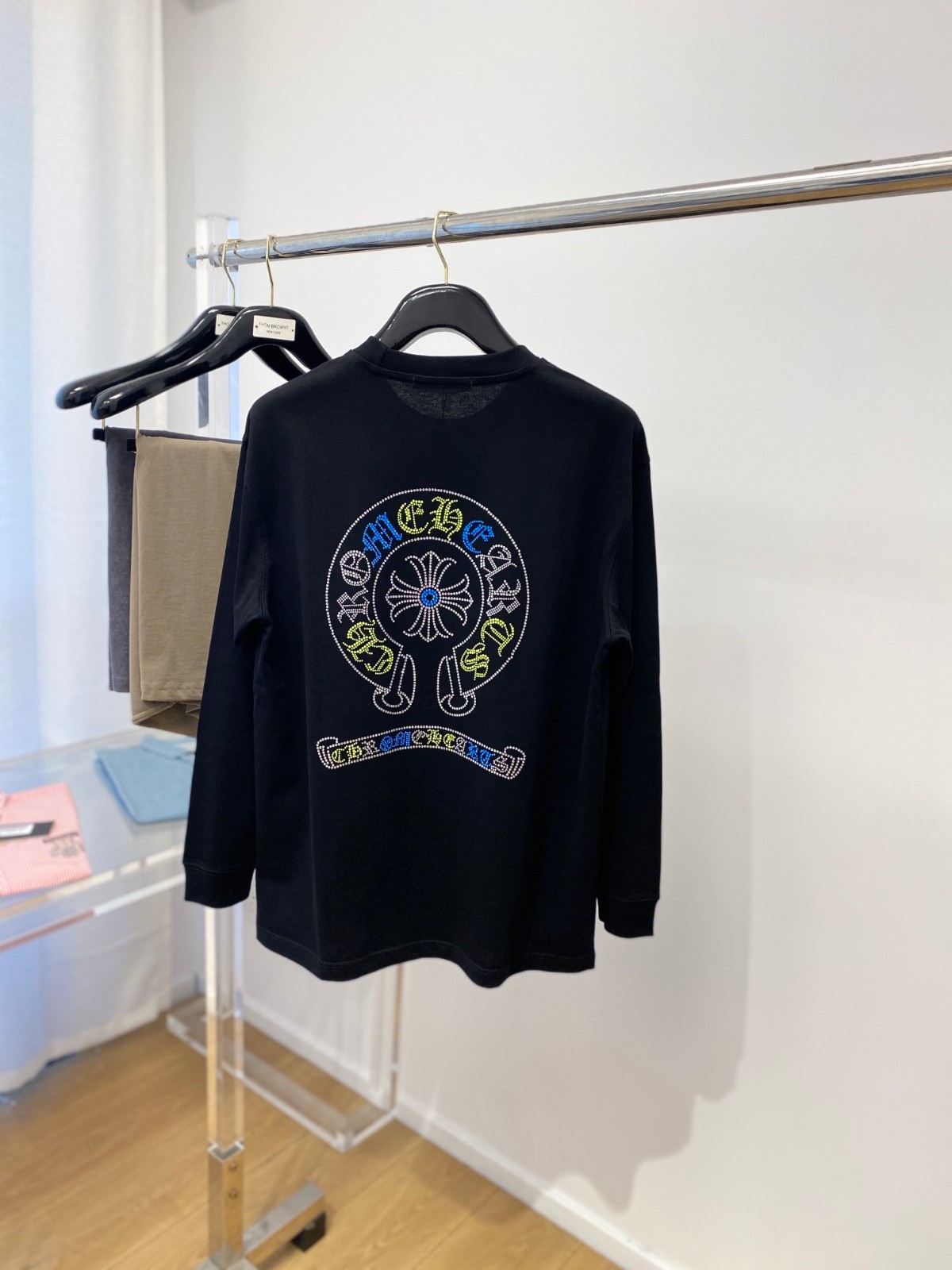 シンプル おしゃれ ラインストーンロゴ クロムハーツ Tシャツ コピー 長袖Tシャツ ブラック-4