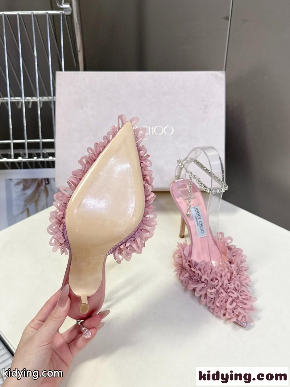 立体フラワー＆ラインストーンストラップパンプス ジミーチュウ シューズ 偽物 ピンク-4