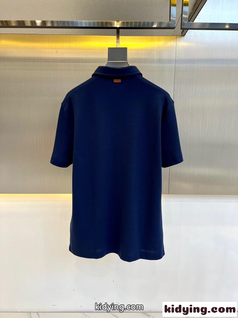 シンプル コットンピケ 半袖 ポロシャツ エルメネジルド・ゼニア Tシャツ コピー ブルー-4