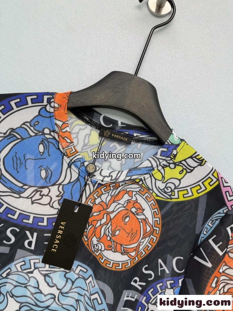 メデューサ マルチカラー メッシュ トップス ヴェルサーチ Tシャツ 偽物 ブラック-1