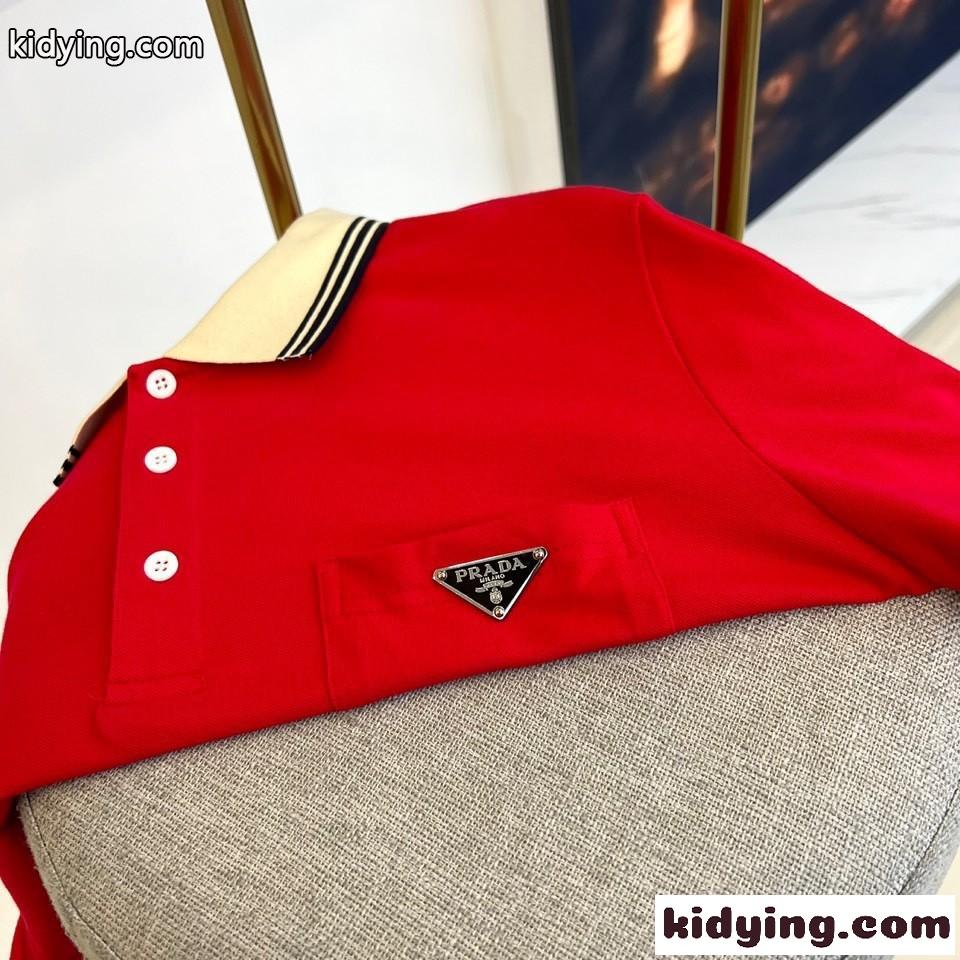 トライアングルロゴ付 コットンピケ ポロシャツ プラダ 半袖Tシャツ コピー レッド-0