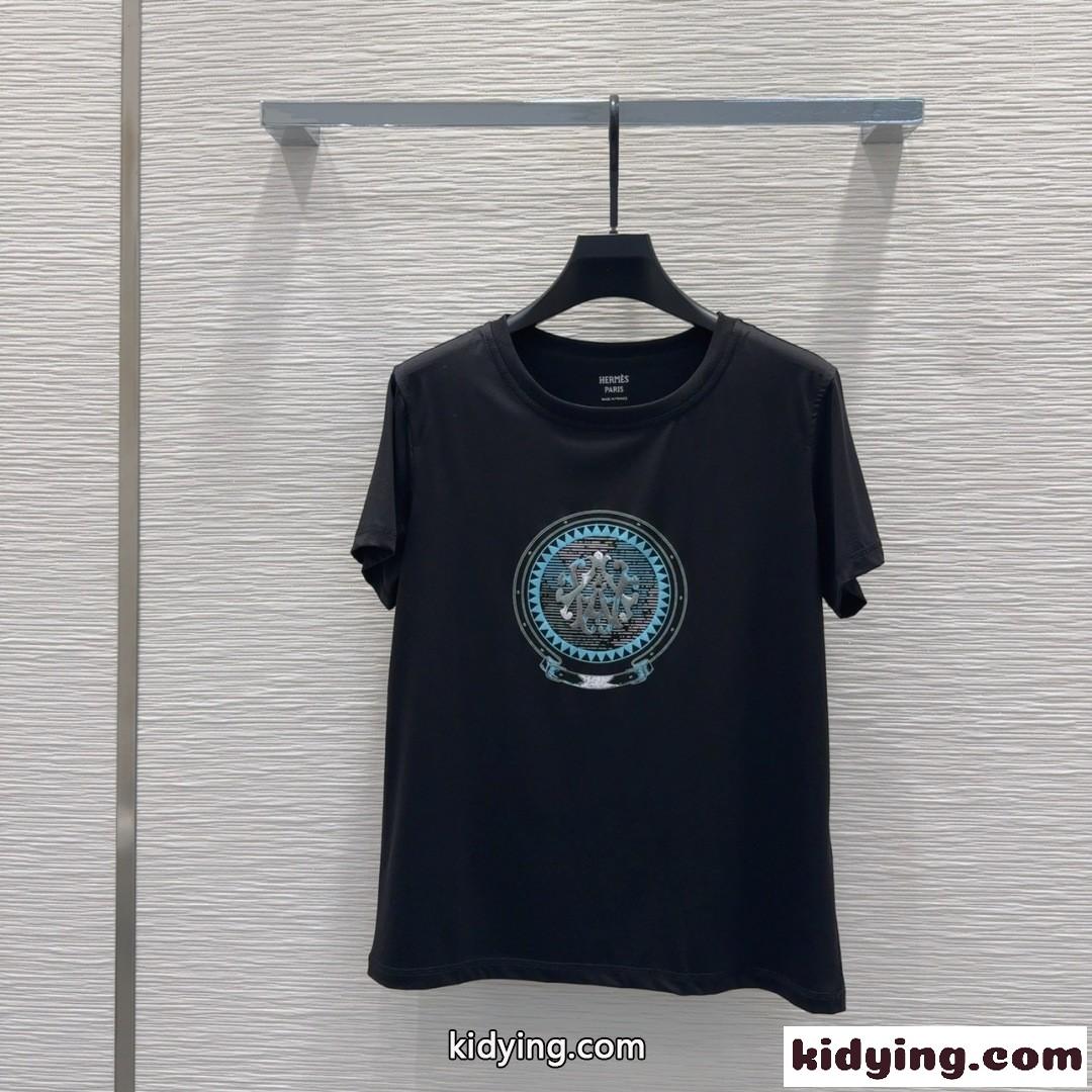 シンプル コットン 半袖 トップス エルメス Tシャツ コピー クルーネック ブラック-1